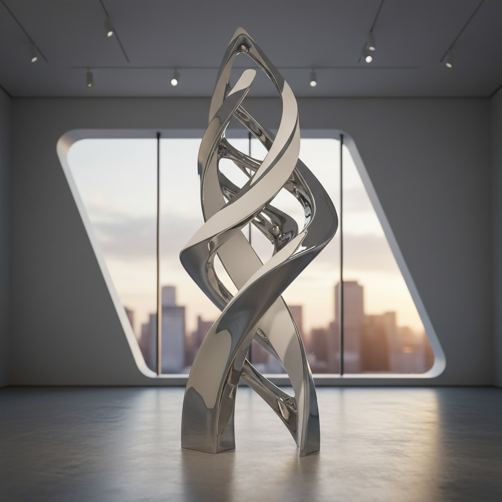 A tall, polished chrome sculpture with a twisting, abstract design stands in the center of a modern gallery with a city skyline visible through a large window.
